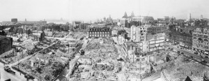 Panoramic view of Liverpool, showing bomb damage. The Liver Building can be seen to the right of center, and the River Mersey to the left. (Imperial War Museum: D 5984)