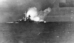Bismarck firing on Hood and Prince of Wales, Battle of Denmark Strait, 24 May 1941 (US Naval History and Heritage Command: NH 69730)