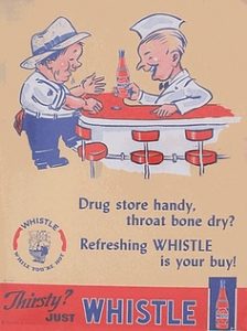 Advertisement for Whistle Soda, featuring a drugstore soda fountain, 1940s