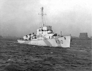 The first destroyer escort built by the US for the British, HMS Bayntun, Boston Harbor, 8 Feb 1943. (US Navy photo 10381)