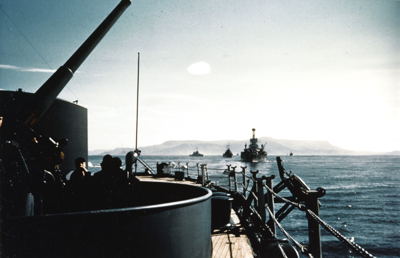 View from battleship USS New York with USS Arkansas and cruisers USS Brooklyn and Nashville as they leave Reykjavik, Iceland, after escorting the US Marine landing force, 12 Jul 1941 (US Navy photo: 80-G-K-5919)