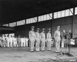 Douglas MacArthur at the induction ceremony of Philippine Army Air Corps, Zablan Field, Camp Murphy, Rizal, Philippine Islands, 15 Aug 1941 (US National Archives: SC 128885)