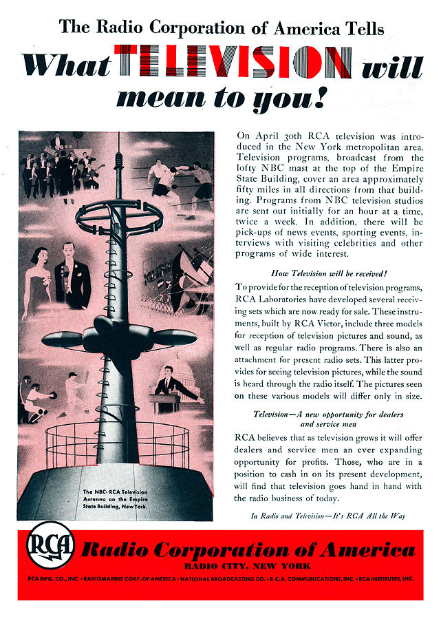 RCA ad announcing the start of regularly scheduled television broadcasting in New York City by RCA-NBC in April 1939 via station W2XBS, the forerunner of today's WNBC, June 1939 (public domain via RCA via Wikipedia)
