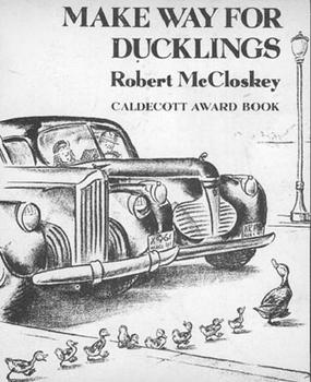 Book cover for Make Way for Ducklings, 1942, showing Caldecott Award for illustrations