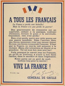 Poster with Charles De Gaulle's speech to France on the BBC, 18 Jun 1940 (public domain via National Library of France)