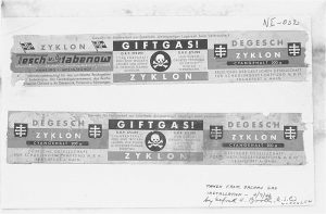 Labels taken from canisters of Zyklon B from Dachau, used as evidence at the Nuremberg Trials, 7 April 1946 (US National Archives: 03563)