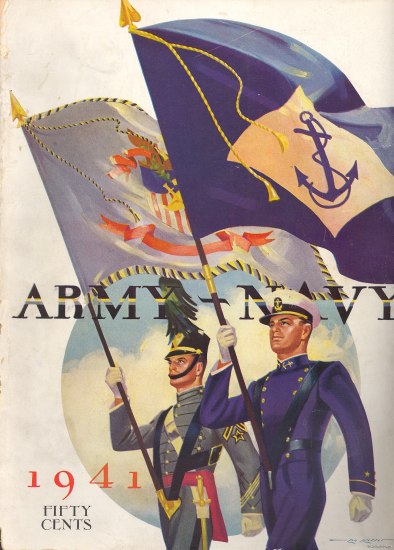 Football program for the 1941 US Military Academy vs. US Naval Academy football game. On page 180 of the program is a bow view of the USS Arizona with text that says, “It is significant that despite the claims of air enthusiast no battleship has yet been sunken by bombs.” (Smithsonian Institute)