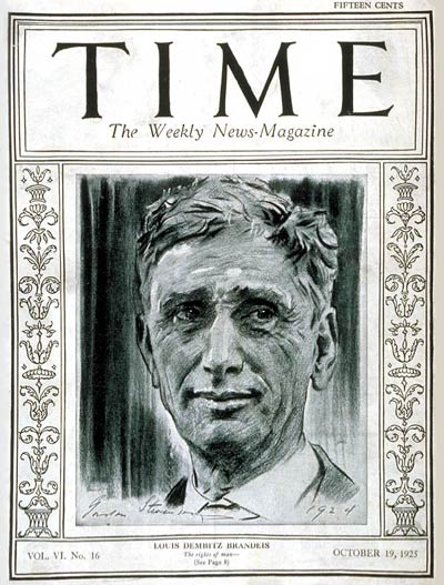 US Supreme Court Louis Brandeis on the cover of Time Magazine, 19 Oct 1925 (public domain via Wikipedia)