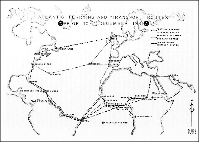 Map of US Army Air Corps Atlantic Ferrying and Transport Routes, 1941 (Craven, Wesley F. & Cate, James L. The Army Air Forces in World War II. Volume One: Plans and Early Operations; September 1939 to August 1942, public domain)
