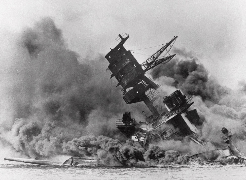 Battleship USS Arizona burning at Pearl Harbor, 7 Dec 1941 (US National Archives: ARC 1956173)