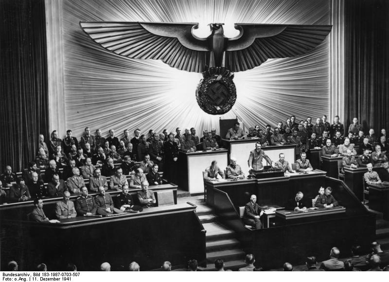 Adolf Hitler declaring war on the United States at the German Reichstag, Berlin, 11 Dec 1941 [Photo: German Federal Archive Bild 183-1987-0703-507]