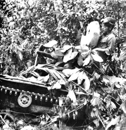 Japanese tankette during Battle of Muar, Malaya, mid-Jan 1942 (public domain via WW2 Database)