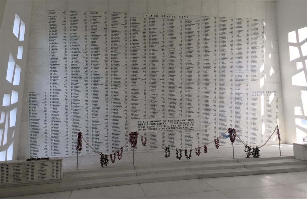The memorial wall listing the 1177 sailors and Marines who died on the Arizona on 7 December 1941 (Photo: Sarah Sundin, 7 Nov 2016)