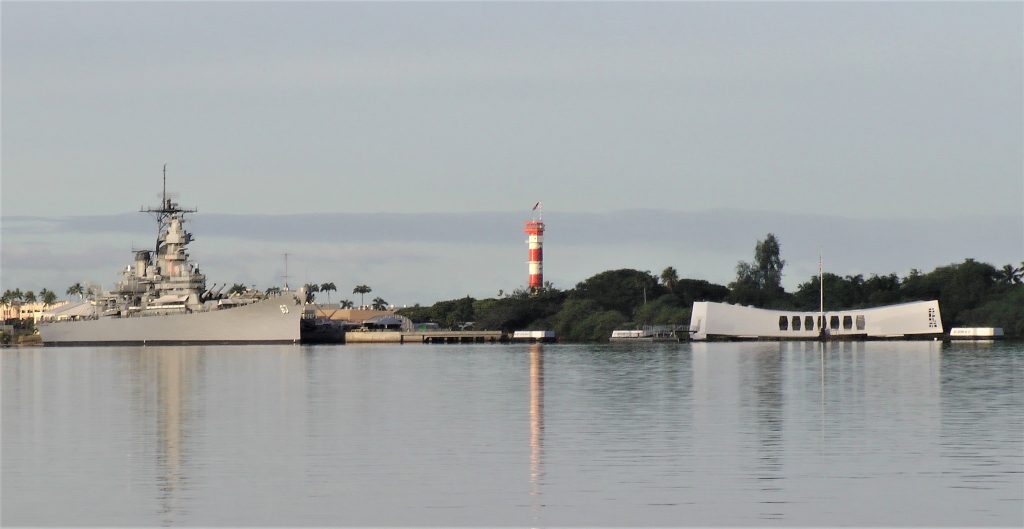 Pearl Harbor Historic Sites: USS Missouri, the control tower at the Pacific Aviation Museum, and the USS Arizona Memorial (Photo: David Sundin, 7 Nov 2016)