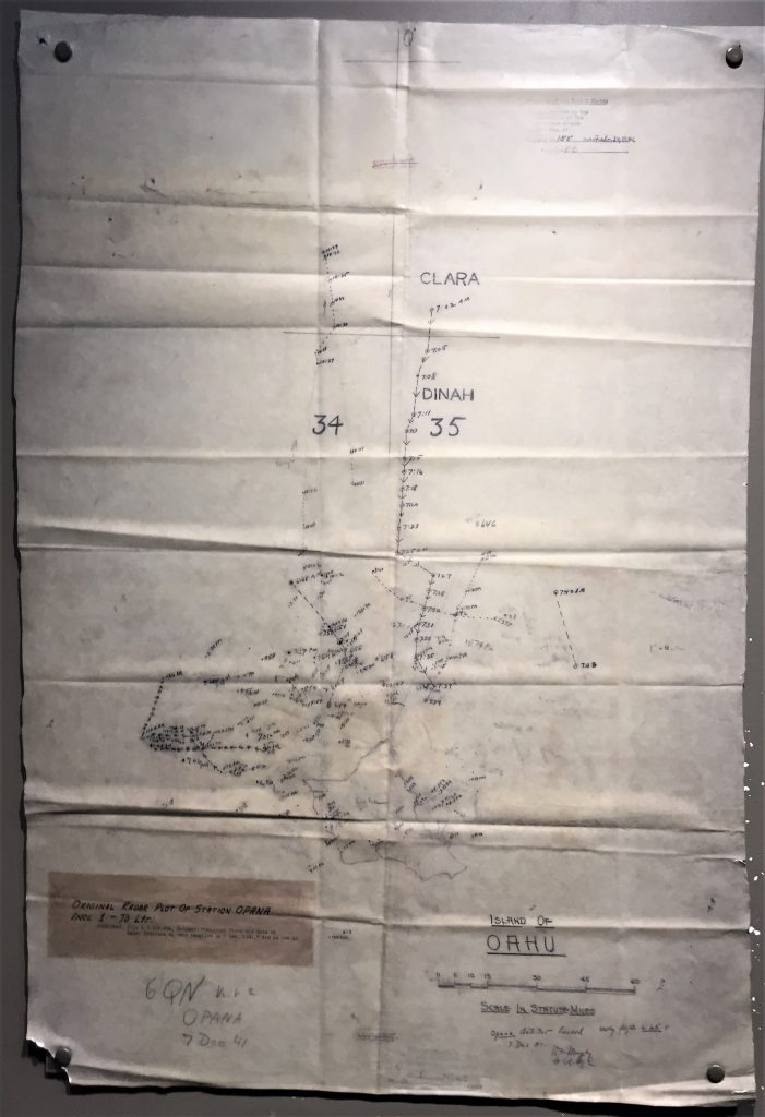 Plot from the Opana Radar Station from 7 December 1941, showing the Japanese planes approaching Pearl Harbor (Valor in the Pacific Museum. Photo: Sarah Sundin, 7 Nov 2016)