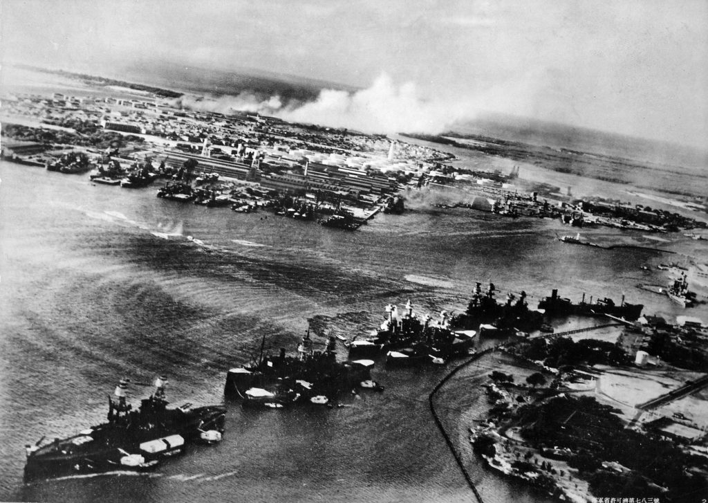 Attack on Battleship Row of Pearl Harbor, seen from a Japanese aircraft, 7 Dec 1941 (US National Archives: 80-G-30550)