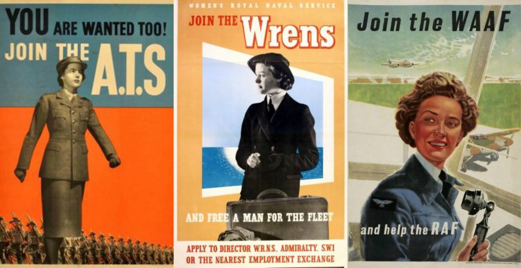 British WWII posters for the Auxiliary Territorial Service, Women's Royal Naval Service, and Women's Auxiliary Air Force