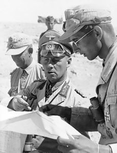 Field Marshal Erwin Rommel, Commander of the German forces in North Africa, with his aides during the desert campaign, 1942 (German Federal Archive: Bild 101I-785-0287-08)