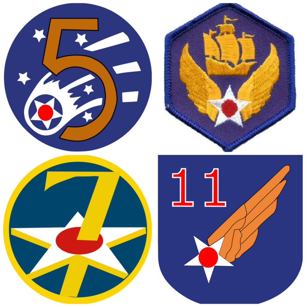 Patches of the US Fifth, Sixth, Seventh, and Eleventh Air Forces
