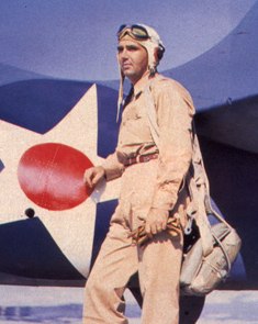 Lt. Edward "Butch" O'Hare in front of a Grumman F4F-3 Wildcat fighter, spring 1942 (US Navy photo)
