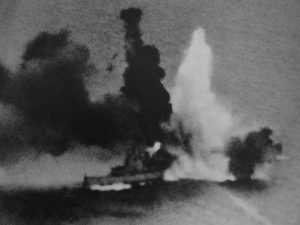 HMS Exeter under attack during the Battle of the Java Sea, 1 Mar 1942 (Japanese Navy Photo, public domain)