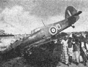 Wrecked Hurricane aircraft, British Malaya, 8 Feb 1942 (Japanese government photo)