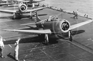 SBD-3 Dauntless dive-bombers prepare for launch from carrier USS Enterprise, early 1942 (US National Archives)