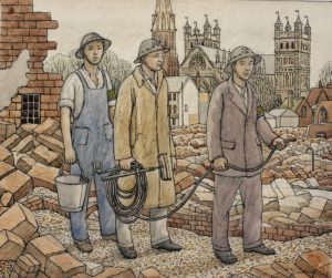 “Study for a Fire Guard Team, Exeter, 1943, by William Clausen, after the Baedeker Raid to Exeter (Imperial War Museum: ART LD 3197)