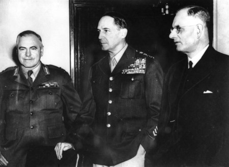 Generals Thomas Blamey and Douglas MacArthur, and Australian Prime Minister John Curtin, Australia, 26 Mar 1942 (Australian War Memorial: 042766)