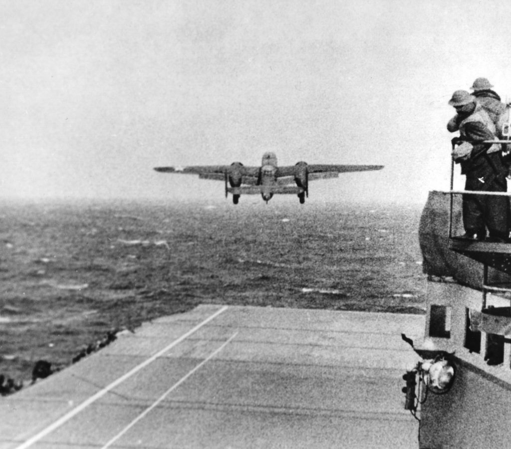 US B-25 taking off from USS Hornet for the Doolittle Raid, 18 Apr 1942 (US National Archives: 80-G-41196)