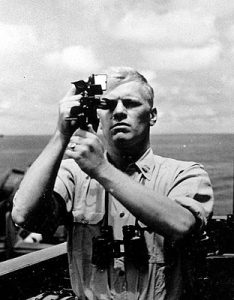 Navigation Officer Gerald Ford taking a sextant reading aboard the USS Monterey, 1944 (The Gerald R. Ford Presidential Library and Museum: AV82-216A)