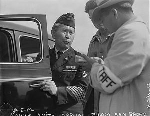 Japanese-American WWI veteran at the Santa Anita Park Assembly Center, Acadia, CA, 5 Apr 1942 (US National Archives: 537044; photographer: Dorothea Lange)