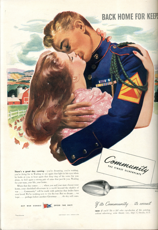 Oneida Silverware “Back Home for Keeps” advertisement looking forward to peacetime when its production will again be available to young couples, 13 Dec 1943 (Western Connecticut State University Archives)
