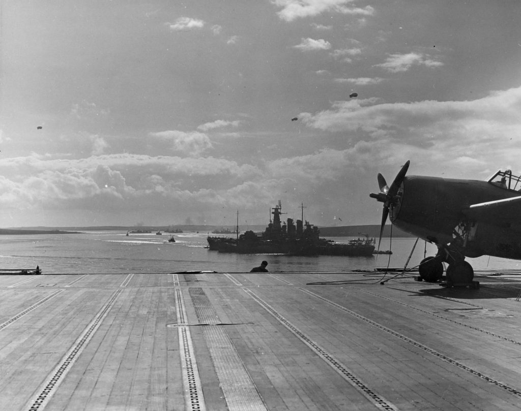 Carrier USS Wasp and battleship USS Washington of TF 39 at Scapa Flow, Scotland, 4 April 1942 (US Navy National Museum of Naval Aviation: 1967.038.031)