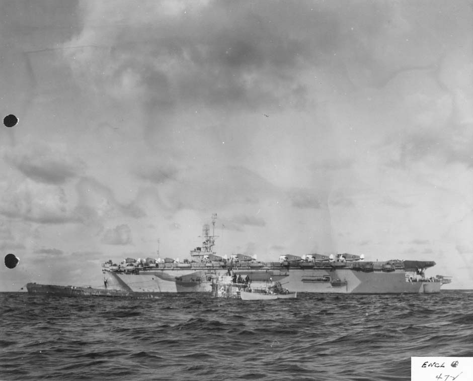 Casablanca-class escort carrier USS Guadalcanal alongside captured U-505, June 1944 (US National Archives)