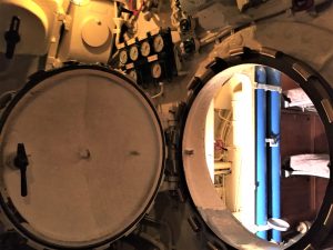 Hatch to aft torpedo room on U-505, opened by Captain Gallery, Chicago Museum of Science and Industry (Photo: Sarah Sundin, September 2016).