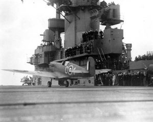 British Spitfire V fighter taking off from carrier USS Wasp for Malta, May 1942 (US Navy photo: 80-G-7083)