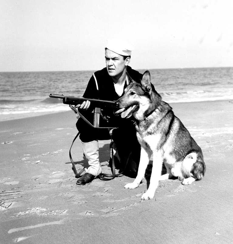 US Coast Guardsman and dog on beach patrol, Parramore Beach, VA, 21 Oct 1943 (US Coast Guard photo)