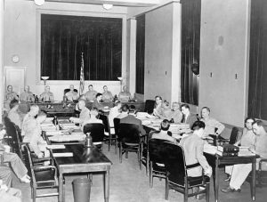 Nazi saboteur trial, Washington, D.C. The special seven-man military commission opens the third day of its proceedings in the trial of eight Nazi saboteurs in the Department of Justice building (Library of Congress: cph.3c34579)