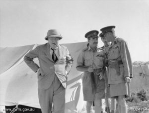 Winston Churchill, Leslie Morshead, and Claude Auchinleck at 9th Australian Division headquarters, El Alamein, Egypt, 5 Aug 1942 (Australian War Memorial: 024764)