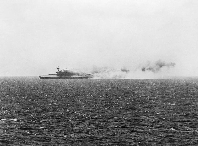 HMS Eagle listing in the Mediterranean Sea, 11 Aug 1942 (Imperial War Museum) 