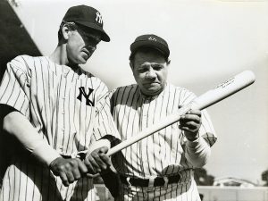 Babe Ruth with actor Gary Cooper in publicity still from the 1942 film Pride of the Yankees about the life of Lou Gehrig (public domain via Samuel Goldwyn Company)