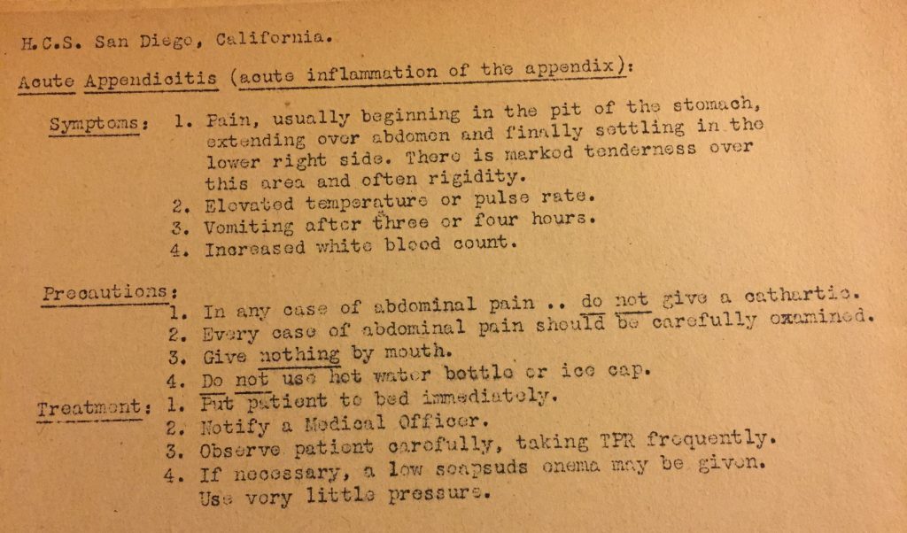 Notes on appendicitis from my grandfather’s pharmacist’s mate training notebook, Naval Hospital Corps School, San Diego, CA, 1944 (Sarah Sundin’s collection)