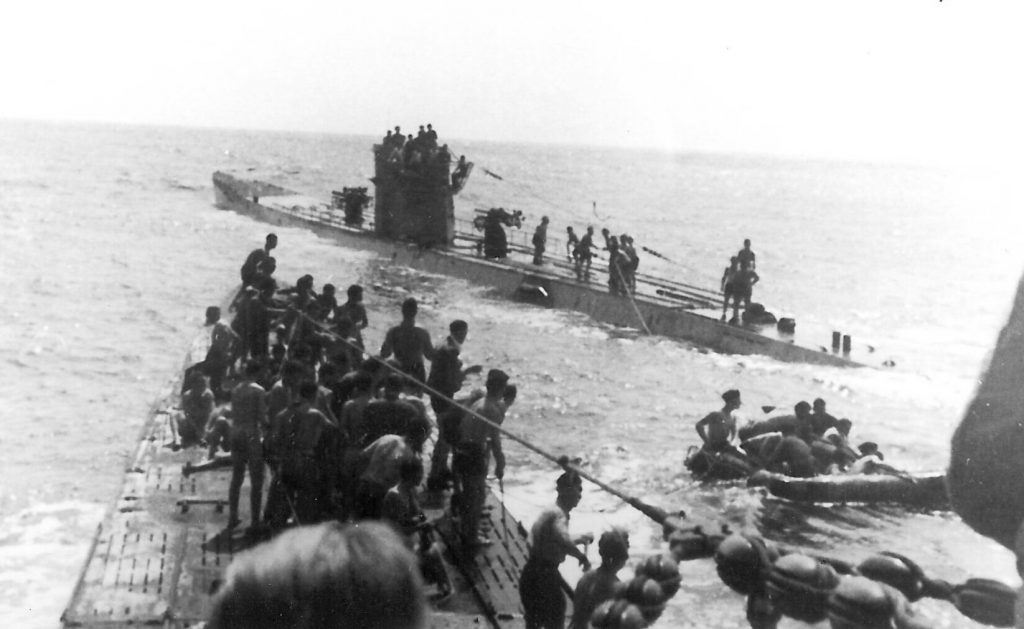 U-156 and U-507 with survivors of RMS Laconia in the Atlantic Ocean, 15 Sep 1942 (public domain via Wikipedia; picture taken by Oblt. z. S. Leopold Schuhmacher)