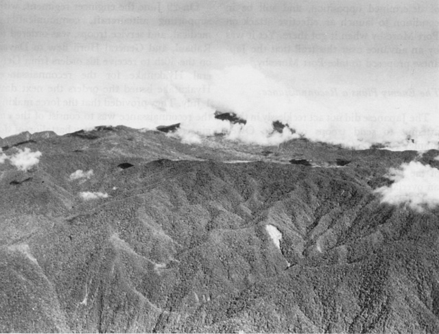 Jungled ridges at the gap in the Owen Stanley Mountains, New Guinea, November 1943 (US Army Center of Military History)