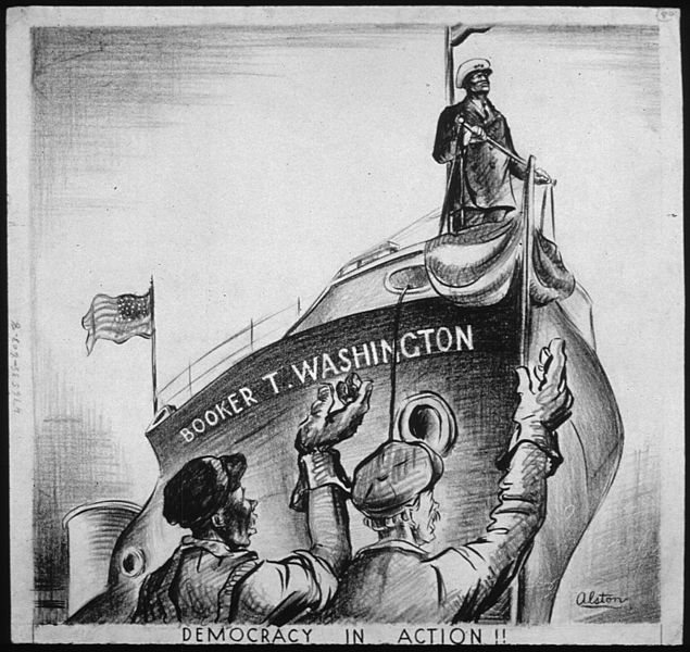 “Democracy in Action!” by Charles Henry Alston, 1943, commemorating launch of SS Booker T. Washington (US National Archives: 535671)