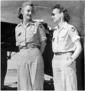 Nancy Love (left) and Betty Gillies in 1943, the first women to fly the B-17 Flying Fortress heavy bomber; the two WAFS were set to ferry a B-17 to England when their flight was cancelled by General "Hap" Arnold (US Air Force photo)