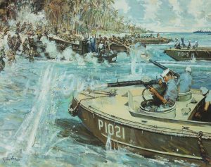 Painting of US Coast Guard personnel evacuating U.S. Marines from near Point Cruz on Guadalcanal under fire during the Second Battle of the Matanikau on Sept. 27, 1942 (public domain via US Coast Guard)