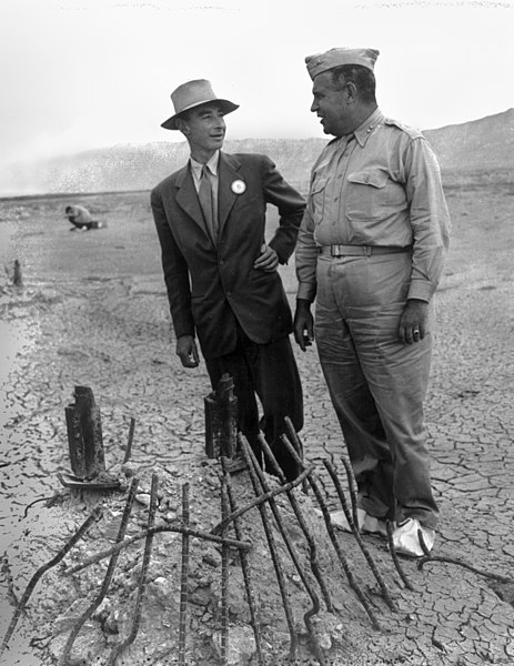 Robert Oppenheimer and Maj. Gen. Leslie Groves at the Trinity test site, New Mexico, September 1945 (US Army Corps of Engineers)