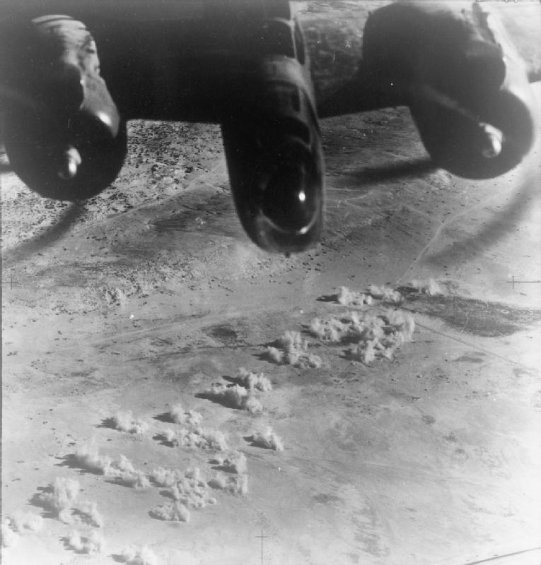 RAF No. 223 Squadron Martin Baltimore bombing German landing ground at El Daba, Egypt, Second Battle of El Alamein, 1942 (Imperial War Museum)